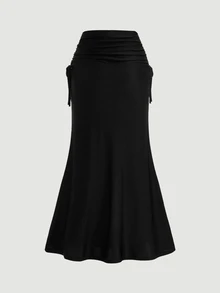 SHEIN MOD Women's High Waisted Side Drawstring Waist With Pleated Hem And Mermaid Hemline Long Black Skirt - Black - View 3