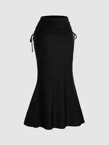 SHEIN MOD Women's High Waisted Side Drawstring Waist With Pleated Hem And Mermaid Hemline Long Black Skirt - Black - View 6
