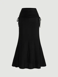 SHEIN MOD Women's High Waisted Side Drawstring Waist With Pleated Hem And Mermaid Hemline Long Black Skirt - Black - View 2