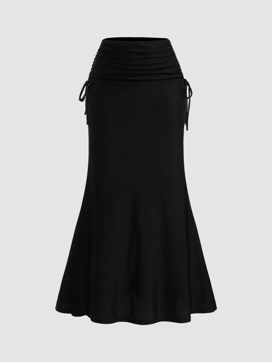 SHEIN MOD Women's High Waisted Side Drawstring Waist With Pleated Hem And Mermaid Hemline Long Black Skirt