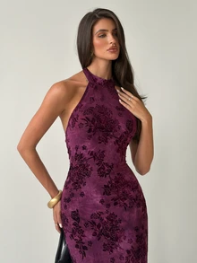 Firerie Women's Floral Print Fitted Elegant Sexy Halter Neck Dress, Floral Pink, Dinner Party Night, Going Out, Date, Wedding Guest Summer - Red Plum - View 4