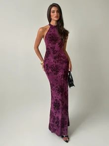 Firerie Women's Floral Print Fitted Elegant Sexy Halter Neck Dress, Floral Pink, Dinner Party Night, Going Out, Date, Wedding Guest Summer - Red Plum - View 1