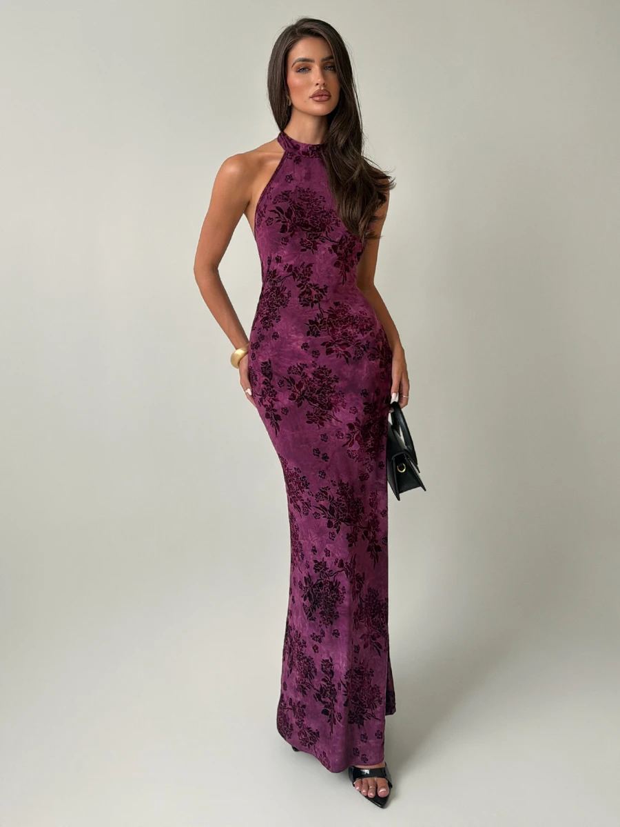 Firerie Women's Floral Print Fitted Elegant Sexy Halter Neck Dress, Floral Pink, Dinner Party Night, Going Out, Date, Wedding Guest Summer - Red Plum - View 1