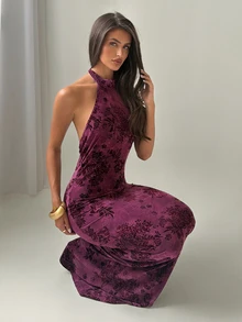 Firerie Women's Floral Print Fitted Elegant Sexy Halter Neck Dress, Floral Pink, Dinner Party Night, Going Out, Date, Wedding Guest Summer - Red Plum - View 5