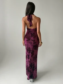 Firerie Women's Floral Print Fitted Elegant Sexy Halter Neck Dress, Floral Pink, Dinner Party Night, Going Out, Date, Wedding Guest Summer - Red Plum - View 2
