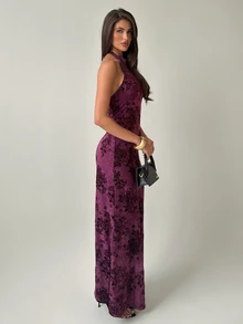 Firerie Women's Floral Print Fitted Elegant Sexy Halter Neck Dress, Floral Pink, Dinner Party Night, Going Out, Date, Wedding Guest Summer - Red Plum - View 3