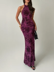 Firerie Women's Floral Print Fitted Elegant Sexy Halter Neck Dress, Floral Pink, Dinner Party Night, Going Out, Date, Wedding Guest Summer - Red Plum - View 6