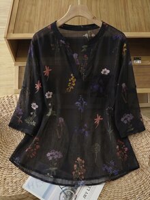 Rusticease 大尺碼花卉印花休閒波西米亞度假襯衫 黑色 秋冬款 - 黑色 - 查看 5