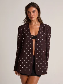SHEIN BAE Women's Studded Decor Fashion Versatile Commute & Travel Blazer - Brown - View 4