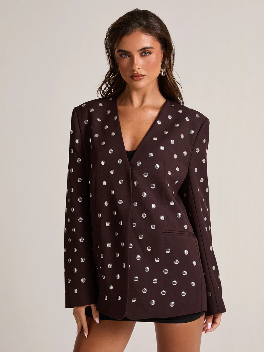SHEIN BAE Women's Studded Decor Fashion Versatile Commute & Travel Blazer - Brown - View 1