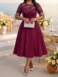 Auveirra 大尺碼優雅 1950 年代復古曲線 1920 年代派對晚宴早午餐正式禮服 新娘母親蕾絲拼接洋裝 婚禮酒紅色夏季款 - 酒紅色 - 查看 4