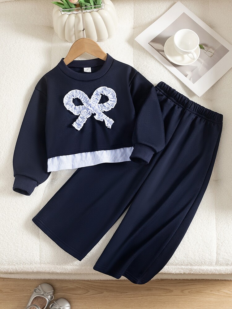 Young Girls Blue 2 In 1 Wide Leg Pants Set, Blue Crew Neck Sweatshirt With 2 In 1 Hem And Light Blue Vertical Striped Lining, Front 3D Pleated Ruffle Bow, Matching Wide Leg Pants, Suitable For Daily School, Neighborhood Walks, Short Trips, Casual Wear, Shopping - Blue - View 3