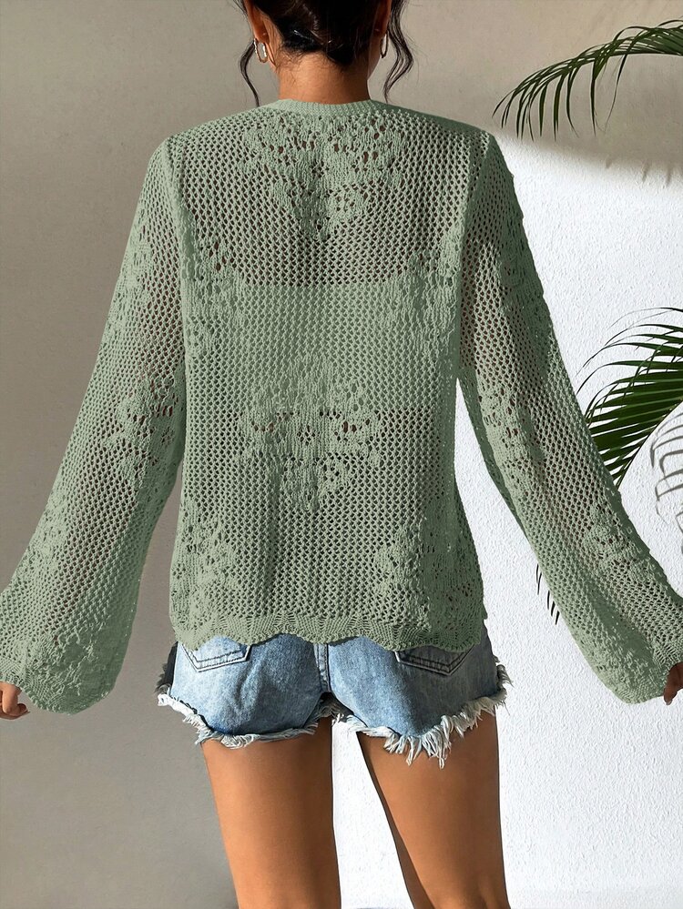 EMERY ROSE Simple Solid Color Knit Tie Front Cardigan, Suitable For Everyday Wear Fall Winter Cloth For Women - Green - View 2