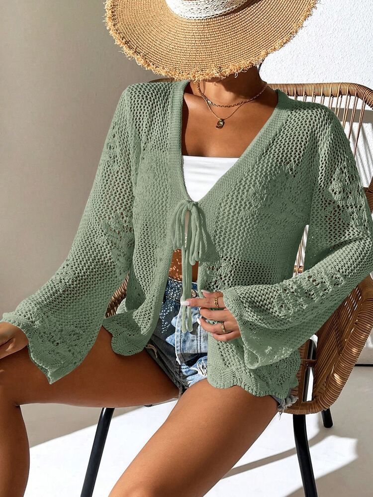 EMERY ROSE Simple Solid Color Knit Tie Front Cardigan, Suitable For Everyday Wear Fall Winter Cloth For Women - Green - View 4