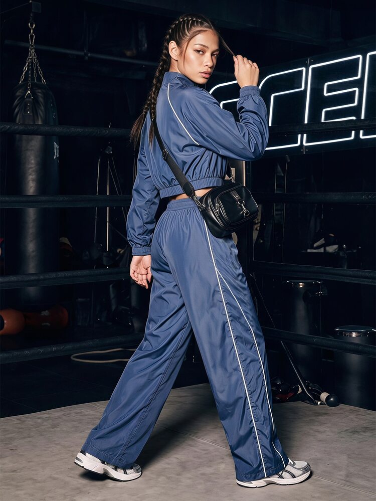 SHEIN 2pcs Reflective Navy Blue Teen Girls Sports Casual Zip-Up Stand Collar Jacket And Loose Fit Pants, All Season, Outdoor Sports, Travel, Streetwear - Blue - View 5