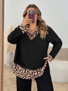 SHEIN CURVE+ Plus Size Women's Casual Leopard Print Raglan Sleeve Curved Hem 2-In-1 Shirt (Autumn Style) Fall - Black - View 6