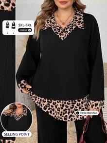SHEIN CURVE+ Plus Size Women's Casual Leopard Print Raglan Sleeve Curved Hem 2-In-1 Shirt (Autumn Style) Fall - Black - View 7