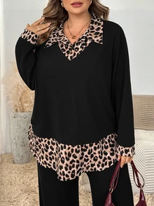 SHEIN CURVE+ Plus Size Women's Casual Leopard Print Raglan Sleeve Curved Hem 2-In-1 Shirt (Autumn Style) Fall - Black - View 5