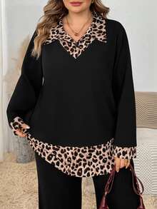 SHEIN CURVE+ Plus Size Women's Casual Leopard Print Raglan Sleeve Curved Hem 2-In-1 Shirt (Autumn Style) Fall - Black - View 2