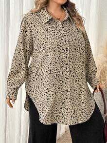 SHEIN CURVE+ Kemeja Kancing Depan Berpotongan Bulat dengan Hem Bulat, Warna Polos, Ukuran Plus, Cocok untuk Jalan-jalan dan Perjalanan di Musim Gugur - Aprikot - View 6