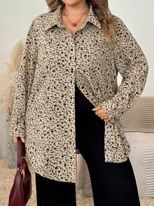SHEIN CURVE+ Kemeja Kancing Depan Berpotongan Bulat dengan Hem Bulat, Warna Polos, Ukuran Plus, Cocok untuk Jalan-jalan dan Perjalanan di Musim Gugur - Aprikot - View 5