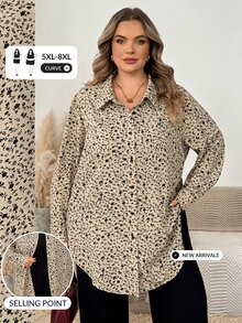 SHEIN CURVE+ Kemeja Kancing Depan Berpotongan Bulat dengan Hem Bulat, Warna Polos, Ukuran Plus, Cocok untuk Jalan-jalan dan Perjalanan di Musim Gugur - Aprikot - View 3