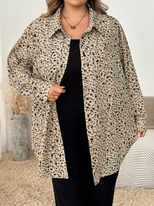 SHEIN CURVE+ Kemeja Kancing Depan Berpotongan Bulat dengan Hem Bulat, Warna Polos, Ukuran Plus, Cocok untuk Jalan-jalan dan Perjalanan di Musim Gugur - Aprikot - View 2