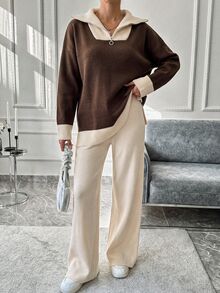 Women Contrast Collar Polo Neck Drop Shoulder Pullover With Zipper & Sweater Pants Set - Multicolor - View 1