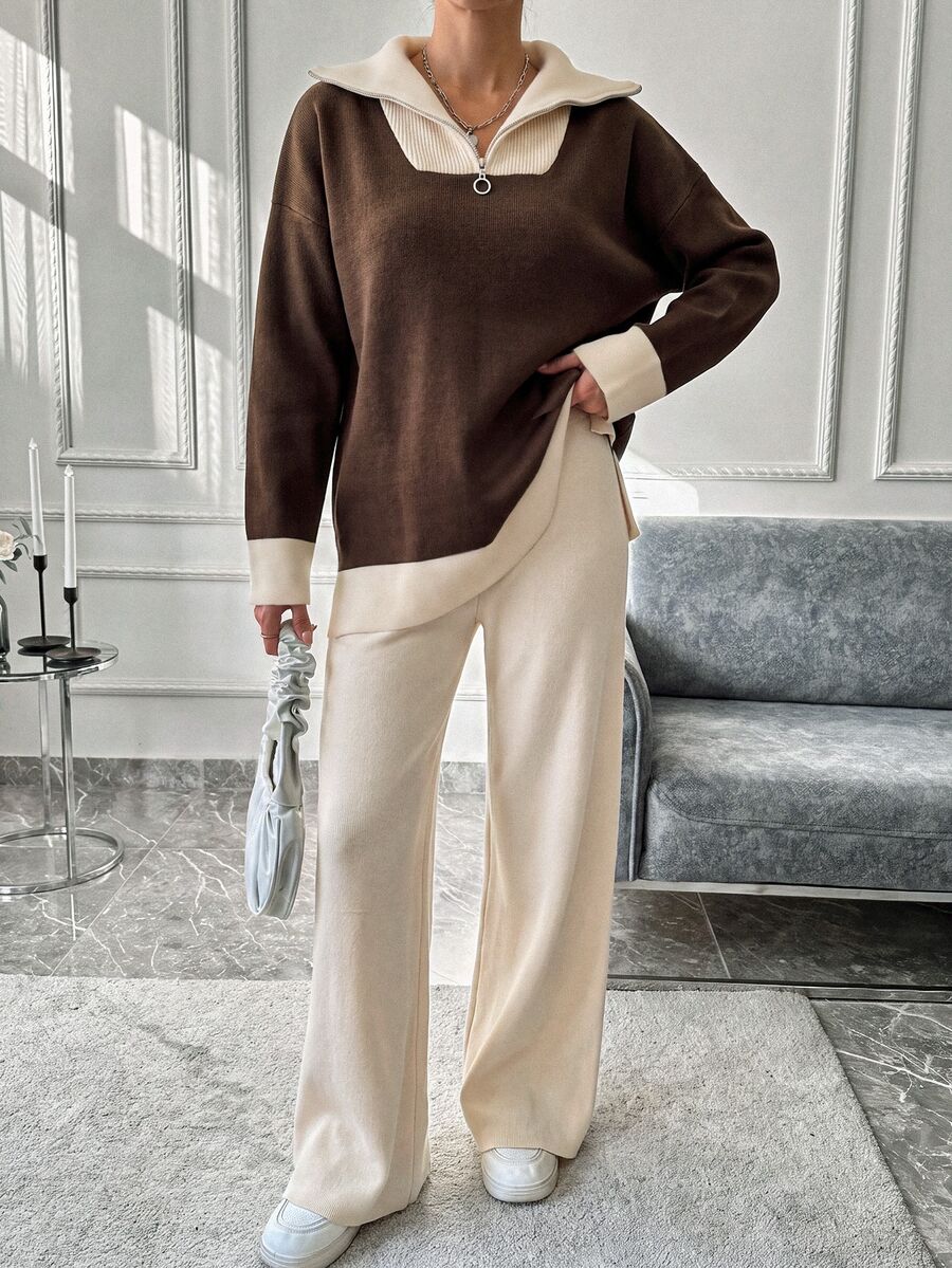 Women Contrast Collar Polo Neck Drop Shoulder Pullover With Zipper & Sweater Pants Set - Multicolor - View 1