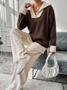 Women Contrast Collar Polo Neck Drop Shoulder Pullover With Zipper & Sweater Pants Set - Multicolor - View 6