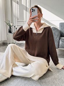Women Contrast Collar Polo Neck Drop Shoulder Pullover With Zipper & Sweater Pants Set - Multicolor - View 3