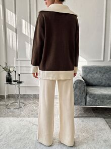 Women Contrast Collar Polo Neck Drop Shoulder Pullover With Zipper & Sweater Pants Set - Multicolor - View 2