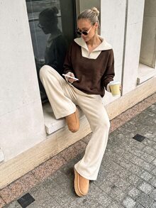 Women Contrast Collar Polo Neck Drop Shoulder Pullover With Zipper & Sweater Pants Set - Multicolor - View 5