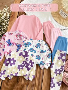 1 pieza Conjunto aleatorio para niña bebé, con estampados de conejo, flor & arcoíris con letras. - Multicolor - Ver 2