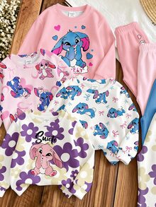 1 pieza Conjunto aleatorio para niña bebé, con estampados de conejo, flor & arcoíris con letras. - Multicolor - Ver 3