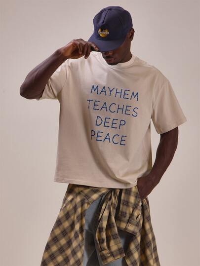 Musero Plain Base White Tshirt "Mayhem Teaches Deep Peace" Front Graphic Short Sleeve Spring Summer Essentials