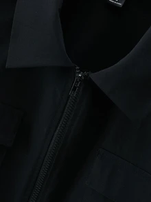 Manfinity Roghcode Men's Black Summer Casual Streetwear City Break Zipper Front Short Sleeve Boxy Shirt,Solid Plain Workwear Cargo Fashion Shirts With Pockets For Gift - Black - View 3