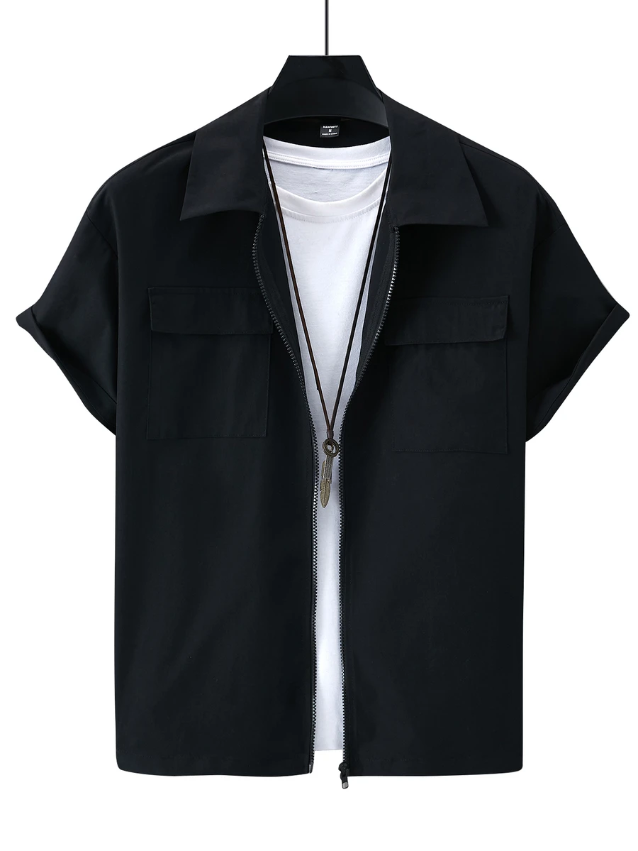Manfinity Roghcode Men's Black Summer Casual Streetwear City Break Zipper Front Short Sleeve Boxy Shirt,Solid Plain Workwear Cargo Fashion Shirts With Pockets For Gift - Black - View 1