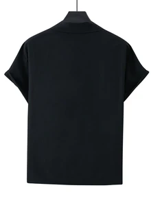 Manfinity Roghcode Men's Black Summer Casual Streetwear City Break Zipper Front Short Sleeve Boxy Shirt,Solid Plain Workwear Cargo Fashion Shirts With Pockets For Gift - Black - View 2