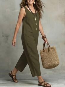 Omancia Women's Solid Color Pocket Casual Daily Travel Overalls Long Pants - Coffee Brown - View 5