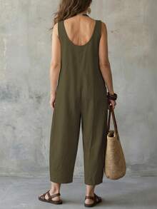 Omancia Women's Solid Color Pocket Casual Daily Travel Overalls Long Pants - Coffee Brown - View 2