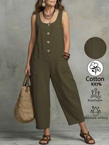 Omancia Women's Solid Color Pocket Casual Daily Travel Overalls Long Pants - Coffee Brown - View 3