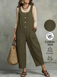 Omancia Women's Solid Color Pocket Casual Daily Travel Overalls Long Pants - Coffee Brown - View 8