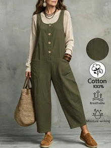 Omancia Women's Solid Color Pocket Casual Daily Travel Overalls Long Pants - Coffee Brown - View 1