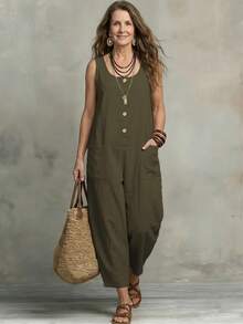 Omancia Women's Solid Color Pocket Casual Daily Travel Overalls Long Pants - Coffee Brown - View 6
