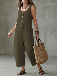 Omancia Women's Solid Color Pocket Casual Daily Travel Overalls Long Pants - Coffee Brown - View 7