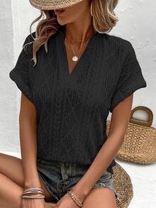 EMERY ROSE Summer Casual Solid Color Textured Notched Neck Short Sleeve T-Shirt - Black - View 4