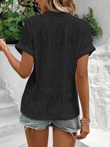 EMERY ROSE Summer Casual Solid Color Textured Notched Neck Short Sleeve T-Shirt - Black - View 2