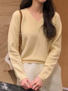 DAZY Suéter de cuello en V liso para otoño - Amarillo - Ver 4