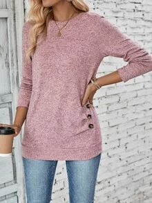 EMERY ROSE Button Detail Ruched Side Tee Fall Cloth For Women - Pink - View 3